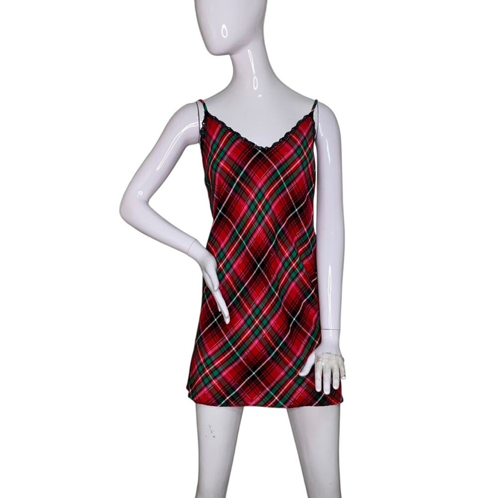 Victoria's Secret Red Green Plaid Camisole Chemise with Lace Trim Size L